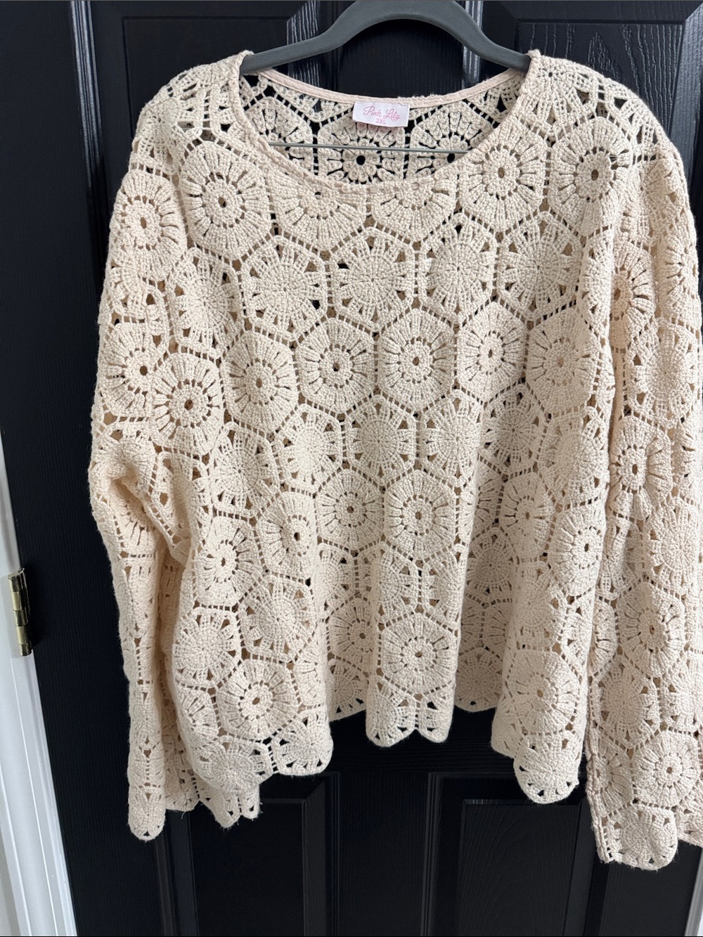 Pink Lily Cream Crochet Knit Scoop Neck Sweater